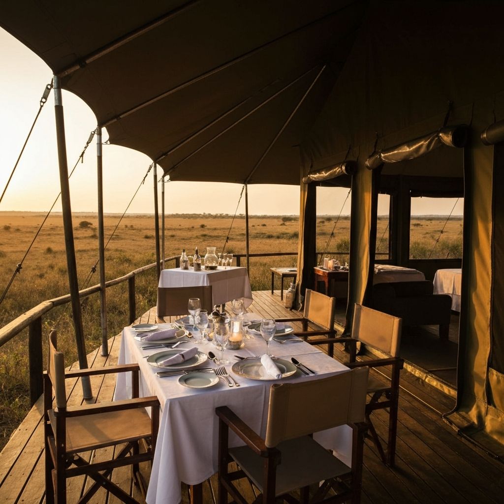 Luxury safari lodge at sunset overlooking African savanna